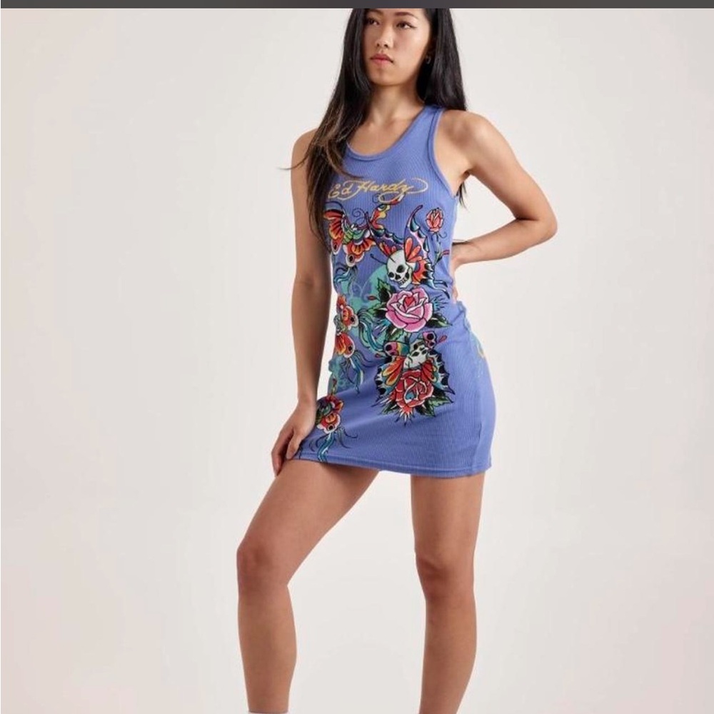 Ed Hardy Butterflies Rib Tank Dress in Pale Blue. Size XL. - Picture 3 of 12